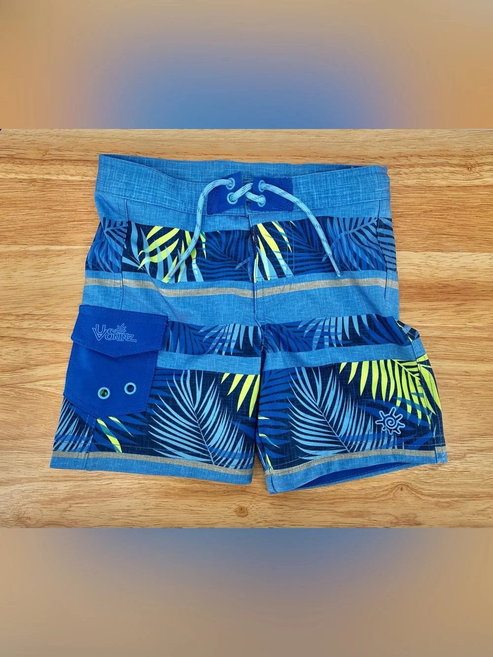 UV Skinz Boys Blue Lime Green Palm Leaf UPF 50+ Board Swim Trunks Size 2T